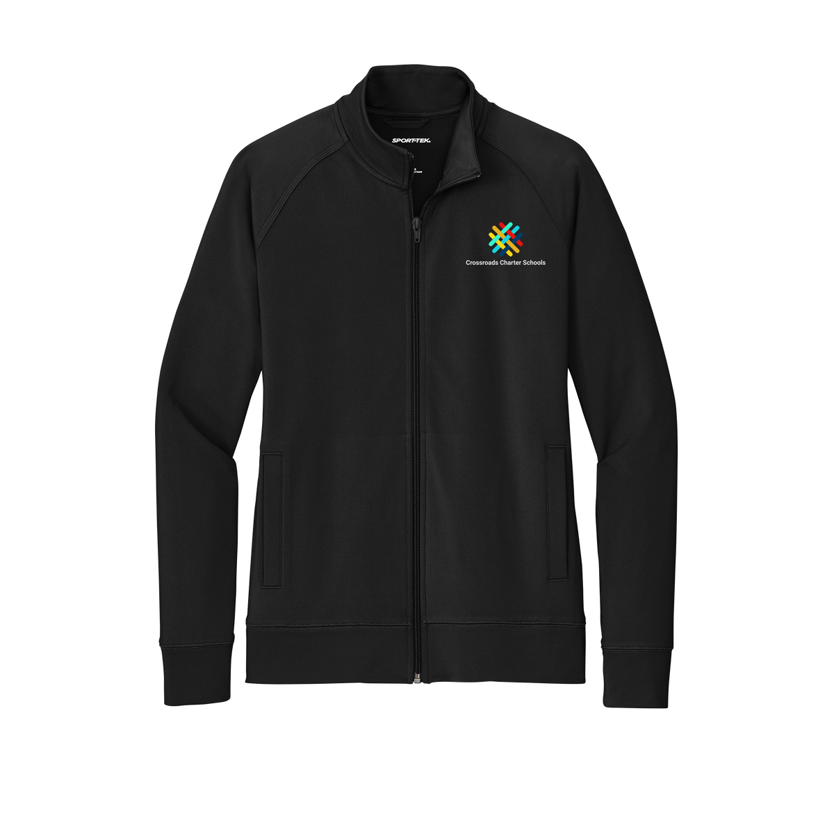 crossroadsschoolskc-sport-tek-womens-cadet-jacket-embroidery-leftchest-LST857-black-flat-front
