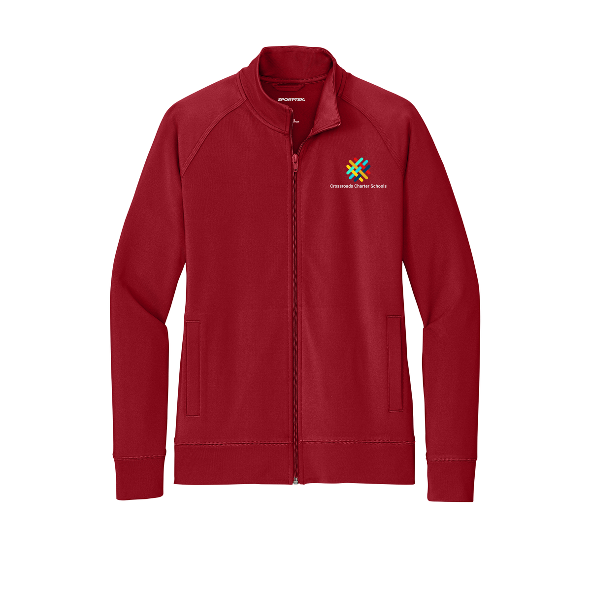 crossroadsschoolskc-sport-tek-womens-cadet-jacket-embroidery-leftchest-LST857-deepred-flat-front