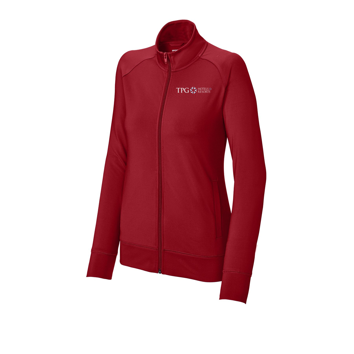 tpghotelsandresorts-sport-tek-womens-cadet-jacket-embroidery-leftchest-LST857-deepred-flat-front