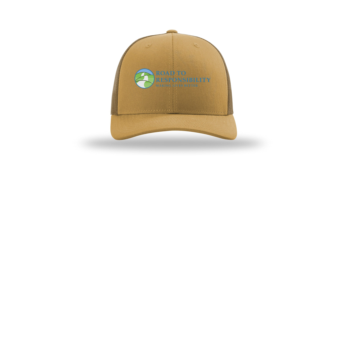 roadtoresponsibility-richardson-trucker-cap-embroidery-capfront-R112-ambergold-flat-front