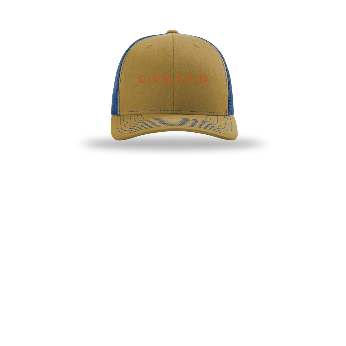 civilgrid-richardson-trucker-cap-embroidery-capfront-R112-biscuittrueblue-flat-front