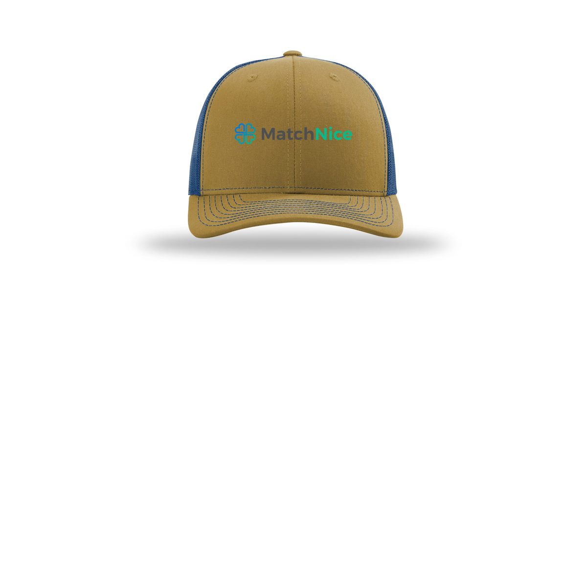 matchnice-richardson-trucker-cap-embroidery-capfront-R112-biscuittrueblue-flat-front