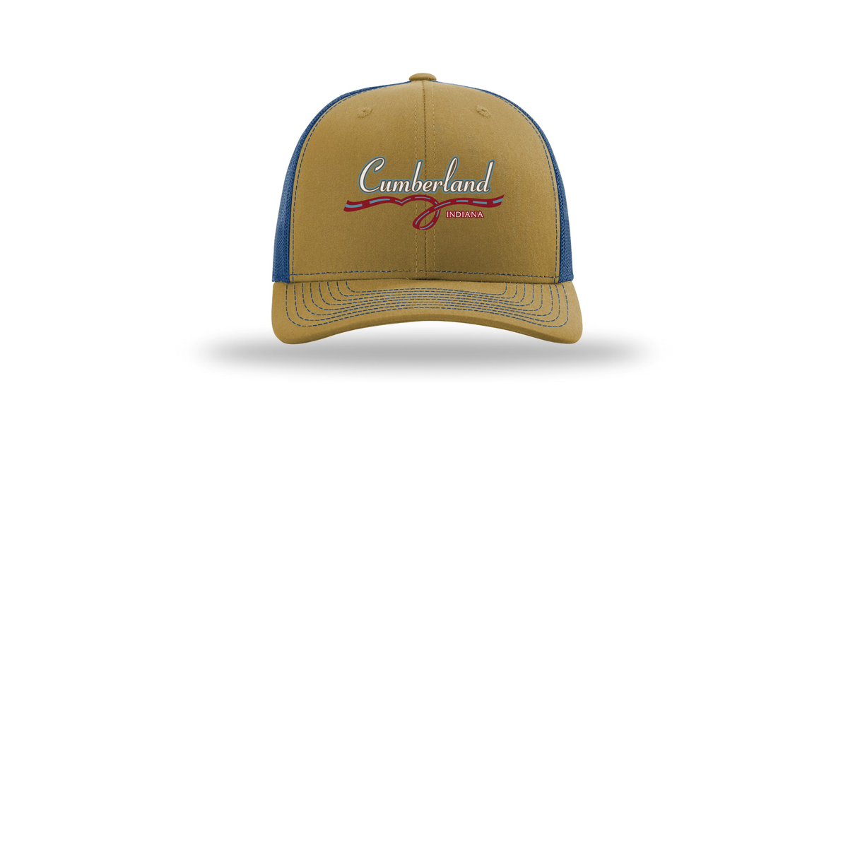 cumberland-richardson-trucker-cap-embroidery-capfront-R112-biscuittrueblue-flat-front