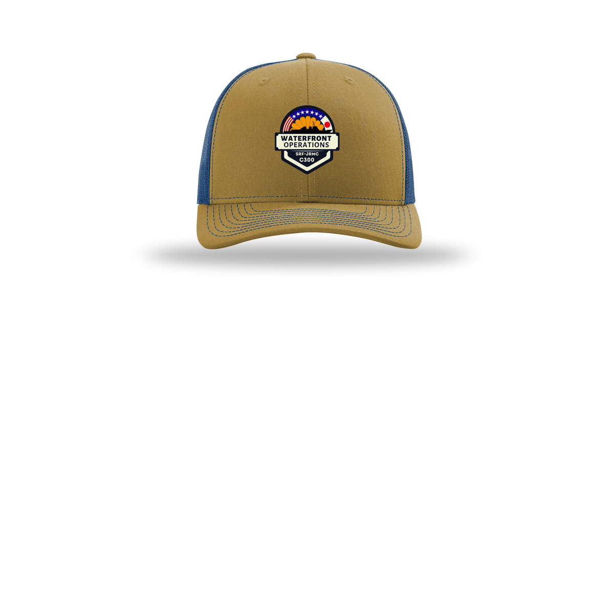 waterfront-operations-retro-trucker-cap-embroidery-capfront-R112-biscuittrueblue-flat-front