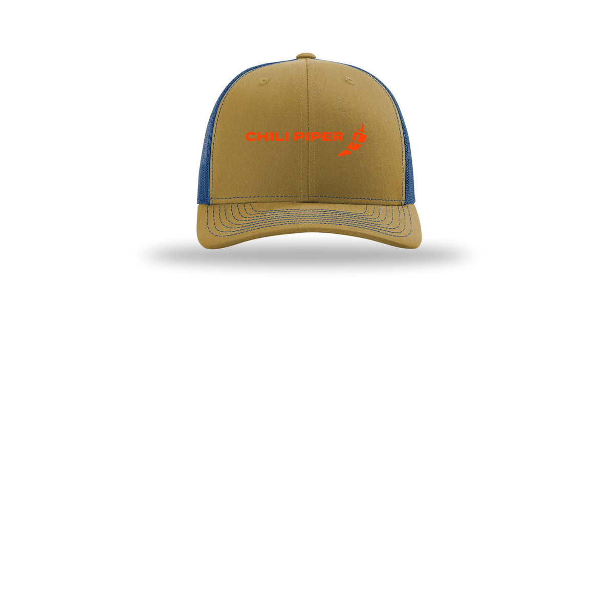 chilipiper-richardson-trucker-cap-embroidery-capfront-R112-biscuittrueblue-flat-front