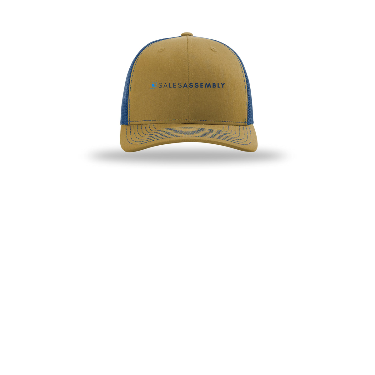 salesassembly-richardson-trucker-cap-embroidery-capfront-R112-biscuittrueblue-flat-front