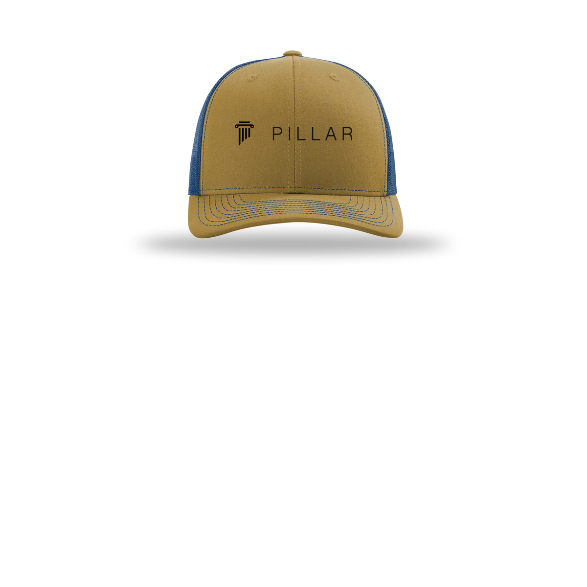 pillar-richardson-trucker-cap-embroidery-capfront-R112-biscuittrueblue-flat-front