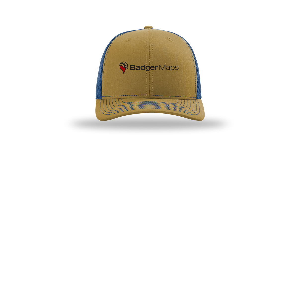 badgermapping-richardson-trucker-cap-embroidery-capfront-R112-biscuittrueblue-flat-front
