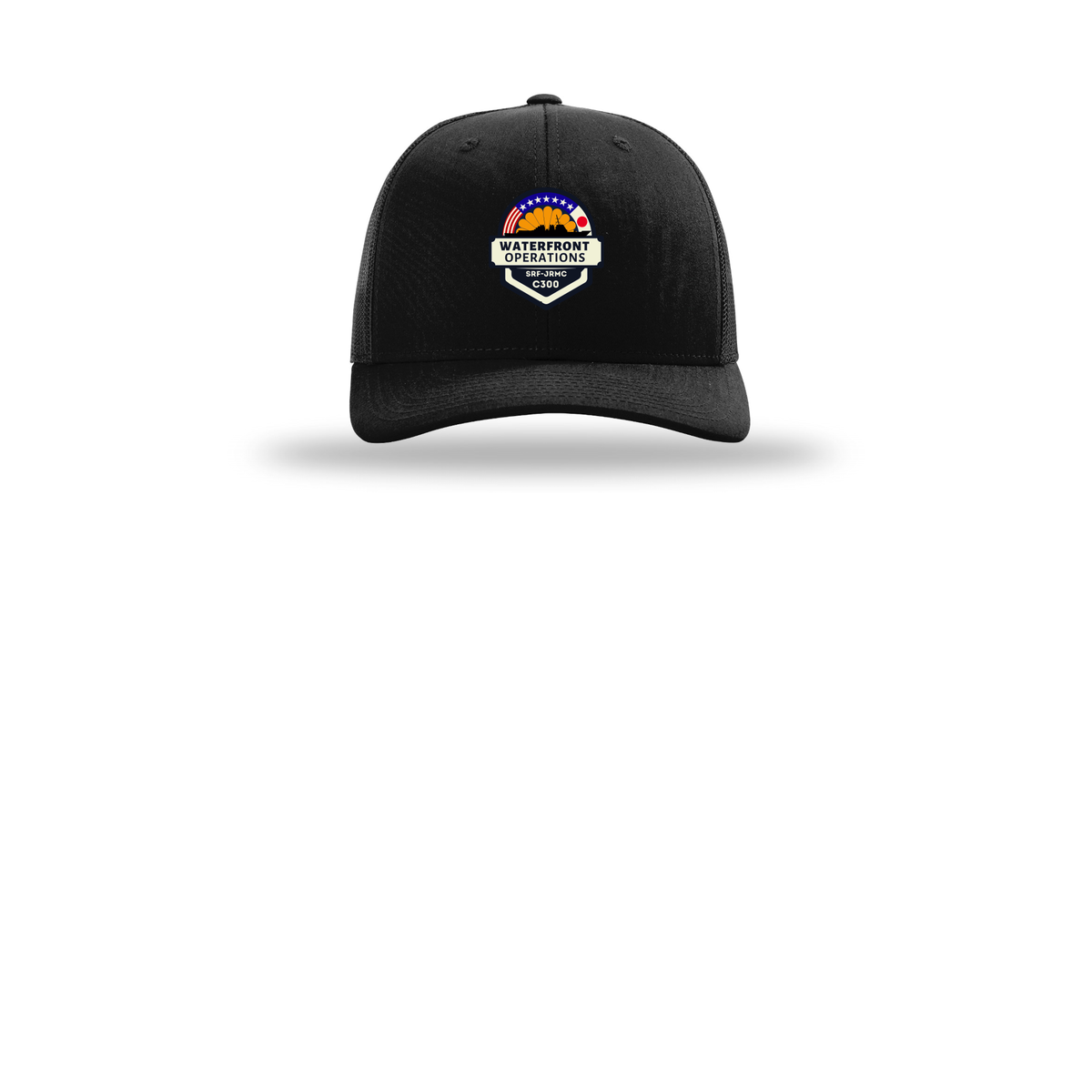 waterfront-operations-retro-trucker-cap-embroidery-capfront-R112-black-flat-front