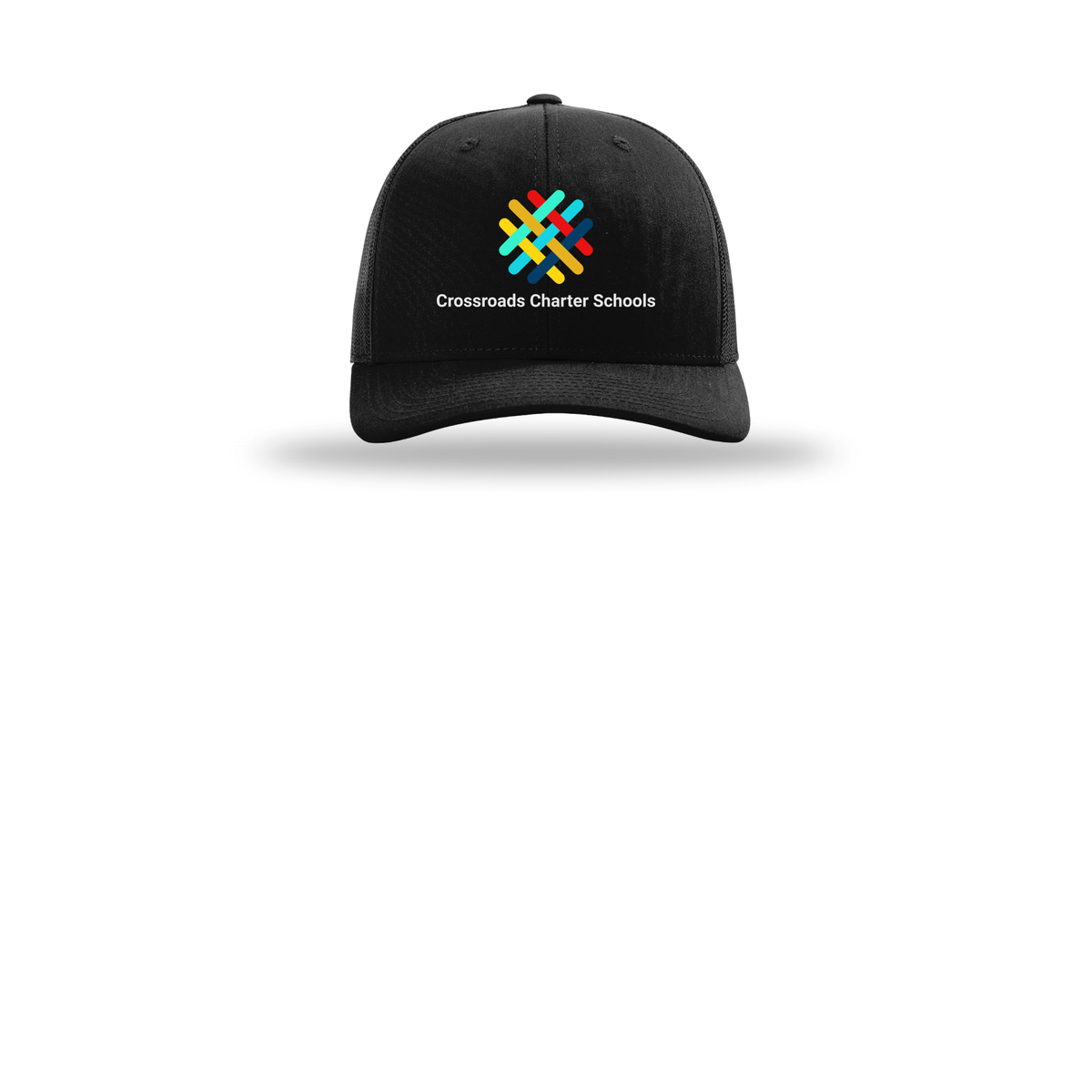 crossroadsschoolskc-richardson-trucker-cap-embroidery-capfront-R112-black-flat-front