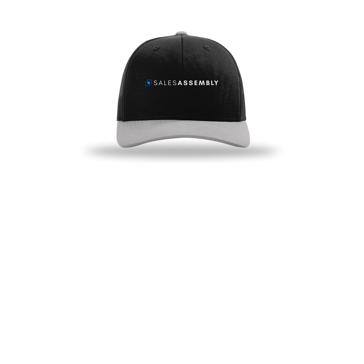 salesassembly-richardson-trucker-cap-embroidery-capfront-R112-blackblacklightgrey-flat-front
