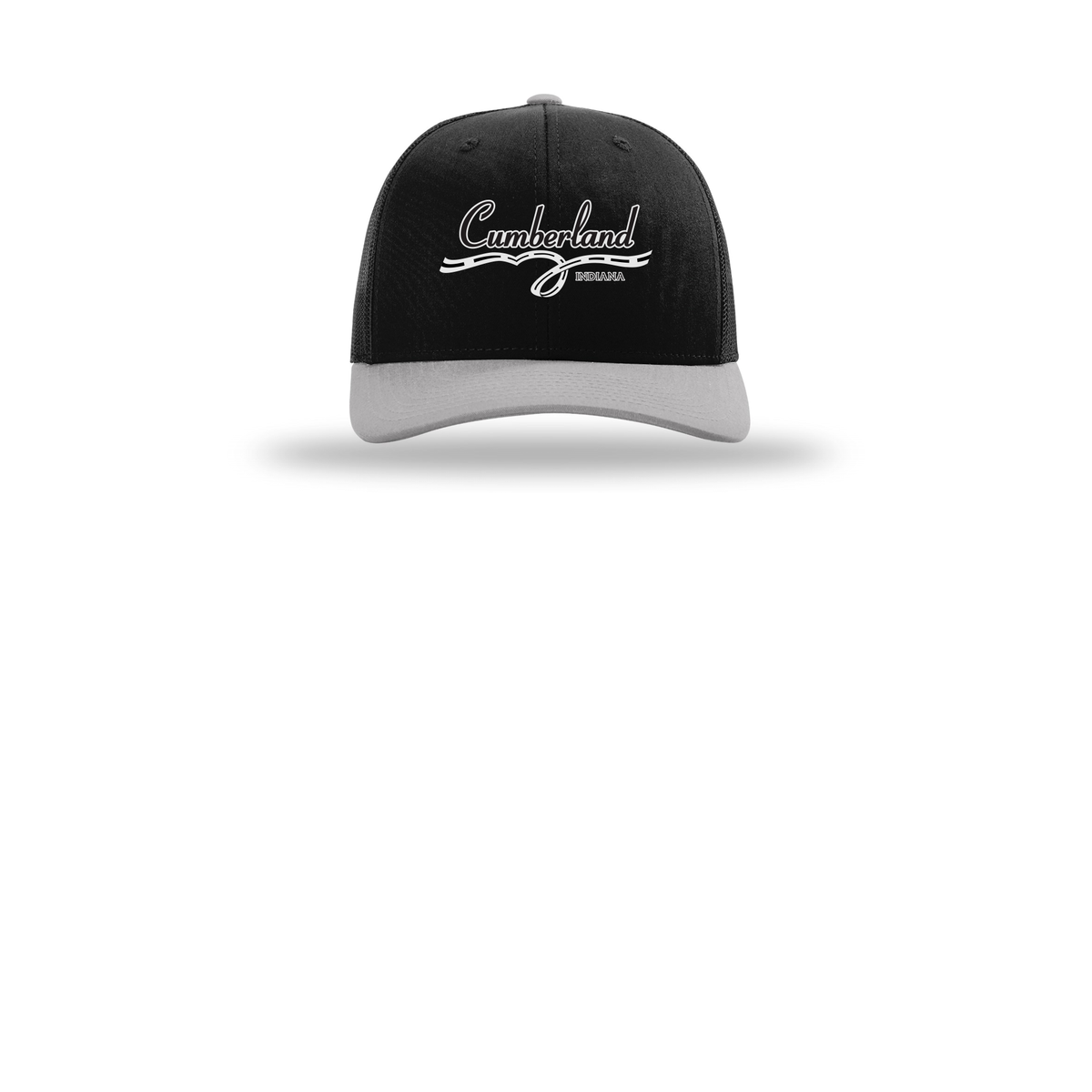 cumberland-richardson-trucker-cap-embroidery-capfront-R112-blackblacklightgrey-flat-front