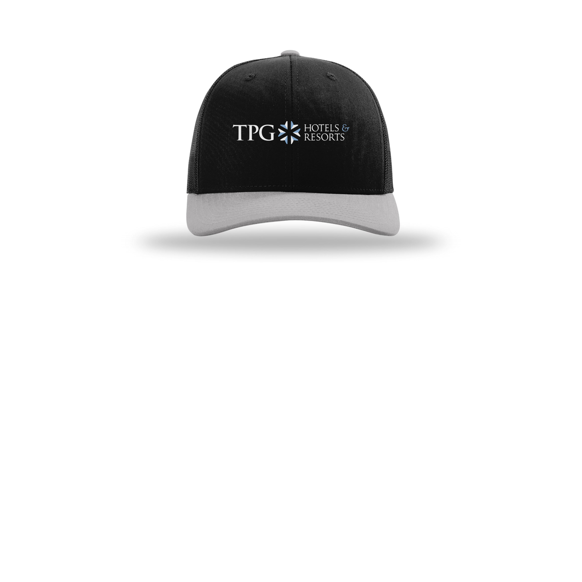 tpghotelsandresorts-richardson-trucker-cap-embroidery-capfront-R112-blackblacklightgrey-flat-front
