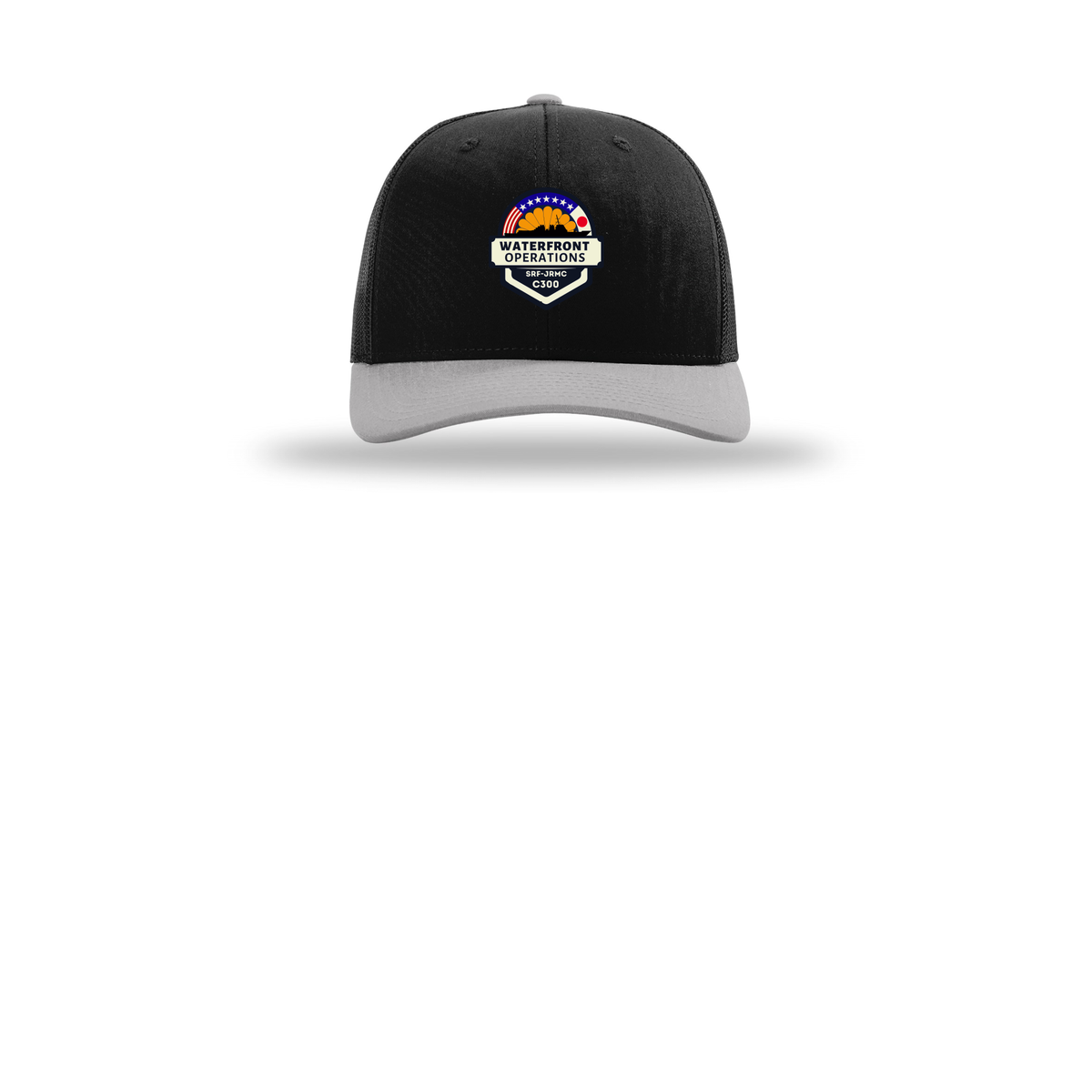 waterfront-operations-retro-trucker-cap-embroidery-capfront-R112-blackblacklightgrey-flat-front