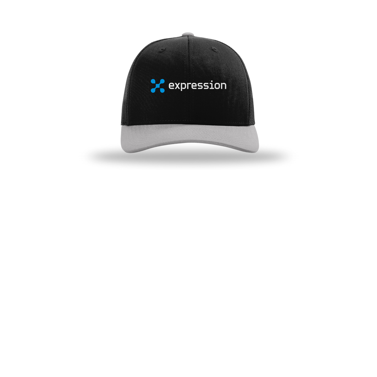 expr-richardson-trucker-cap-embroidery-capfront-R112-blackblacklightgrey-flat-front