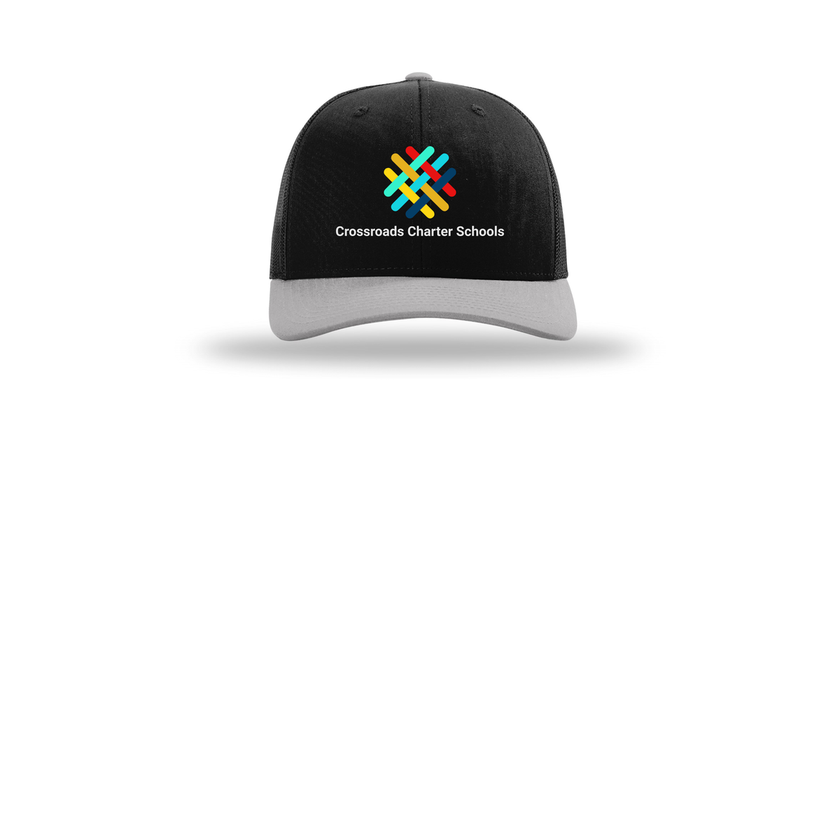 crossroadsschoolskc-richardson-trucker-cap-embroidery-capfront-R112-blackblacklightgrey-flat-front