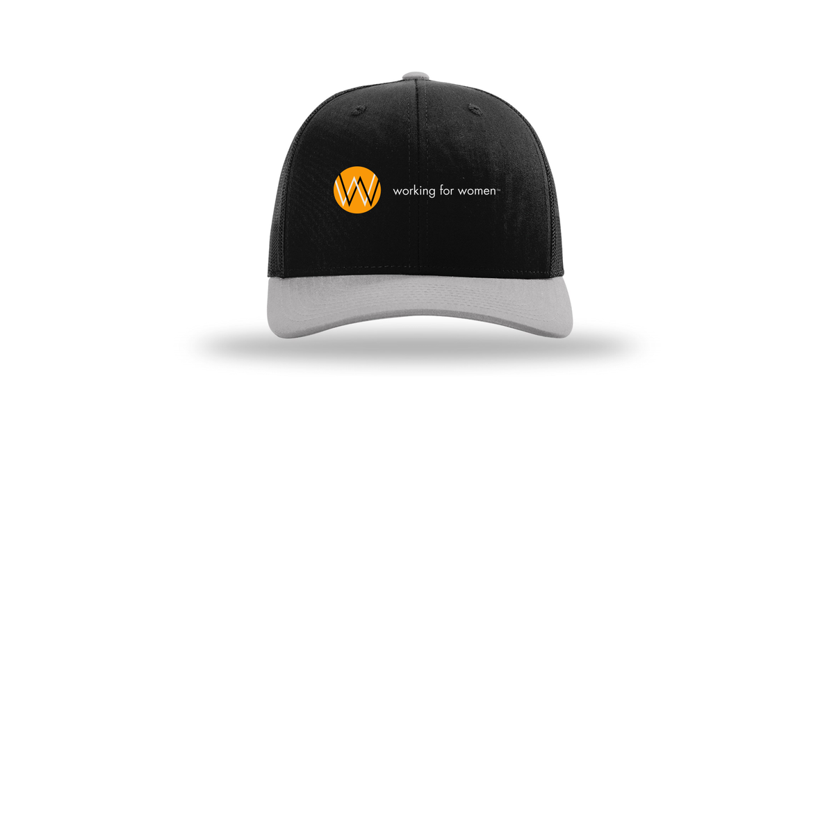 workingforwomen-richardson-trucker-cap-embroidery-capfront-R112-blackblacklightgrey-flat-front