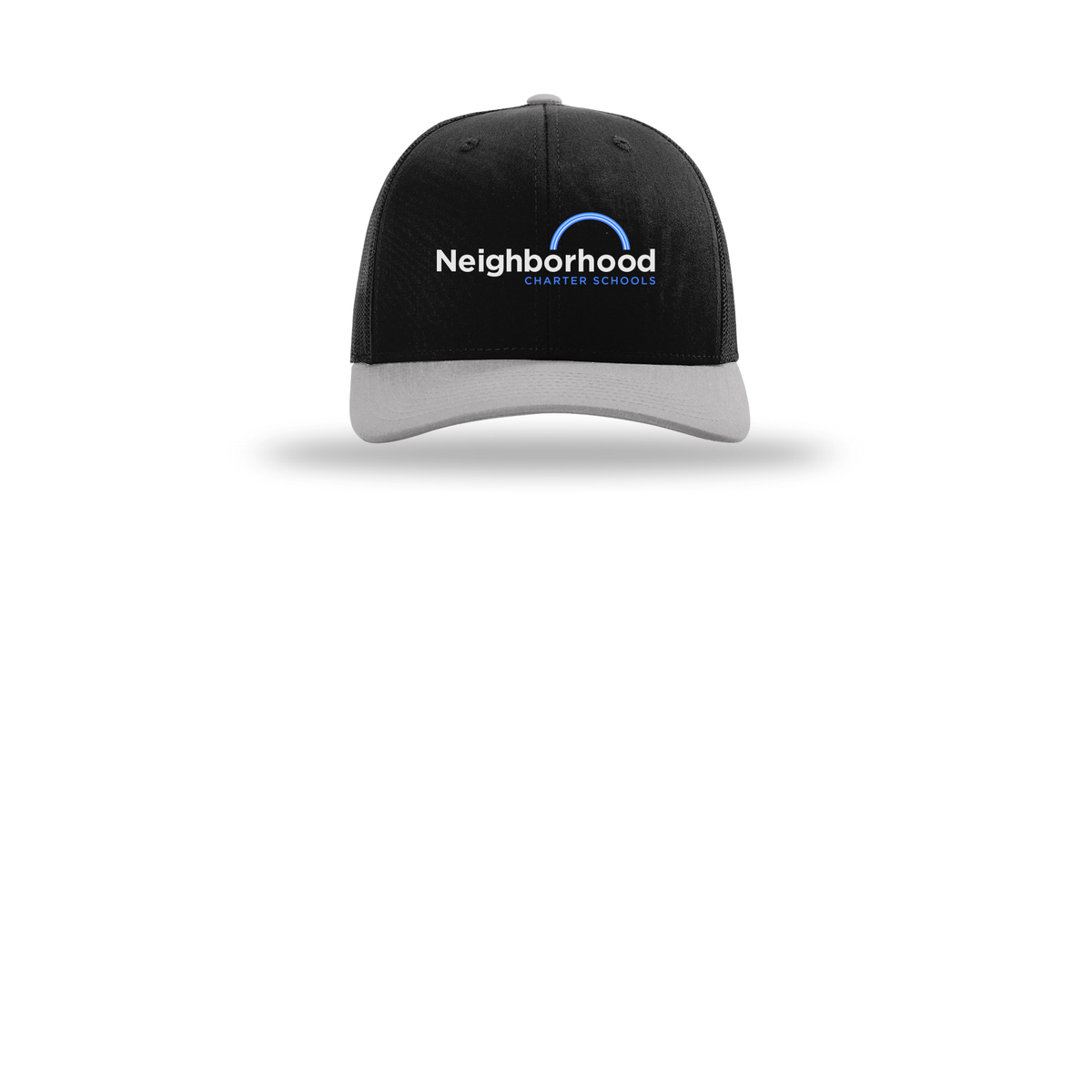 ncschools-richardson-trucker-cap-embroidery-capfront-R112-blackblacklightgrey-flat-front