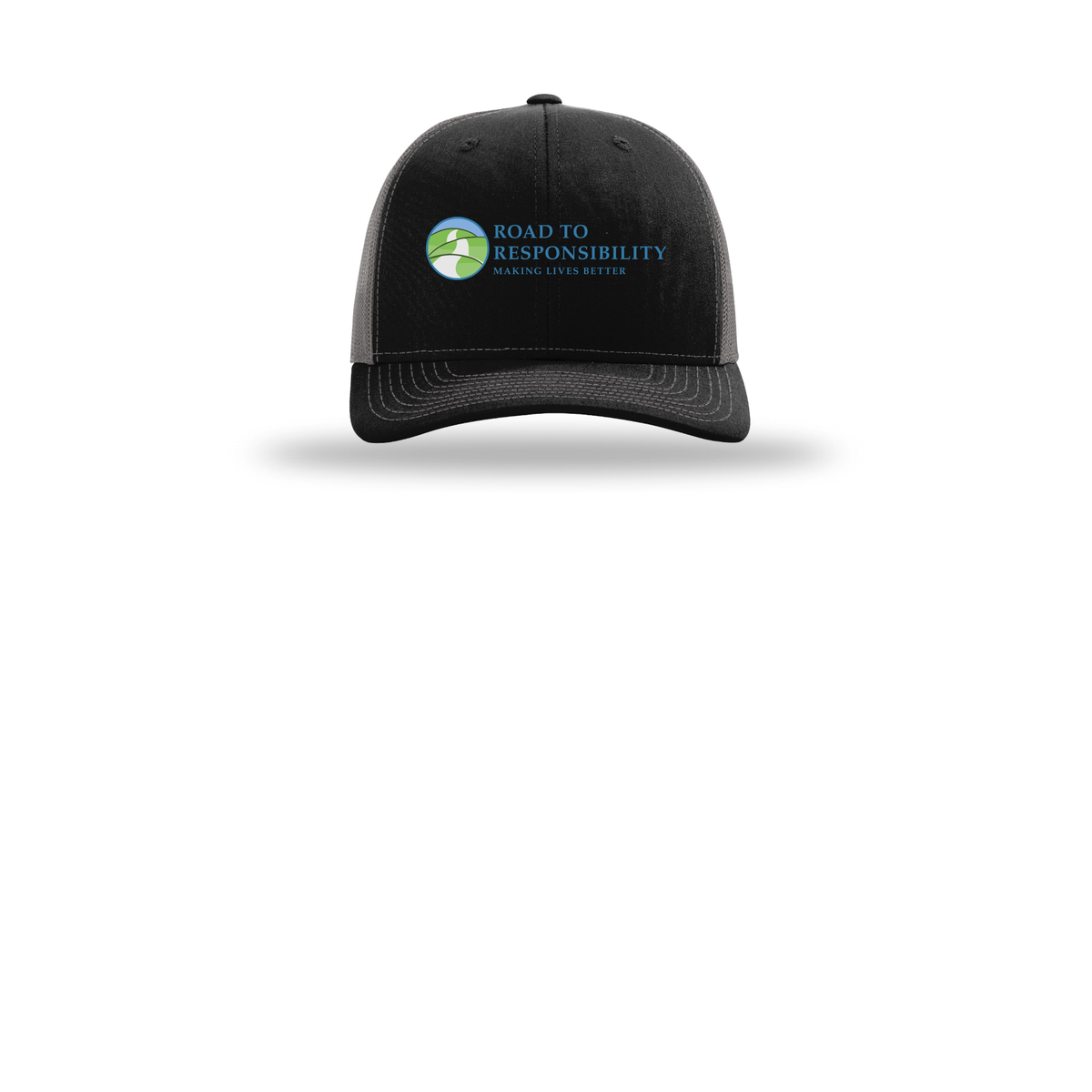 roadtoresponsibility-richardson-trucker-cap-embroidery-capfront-R112-blackcharcoal-flat-front