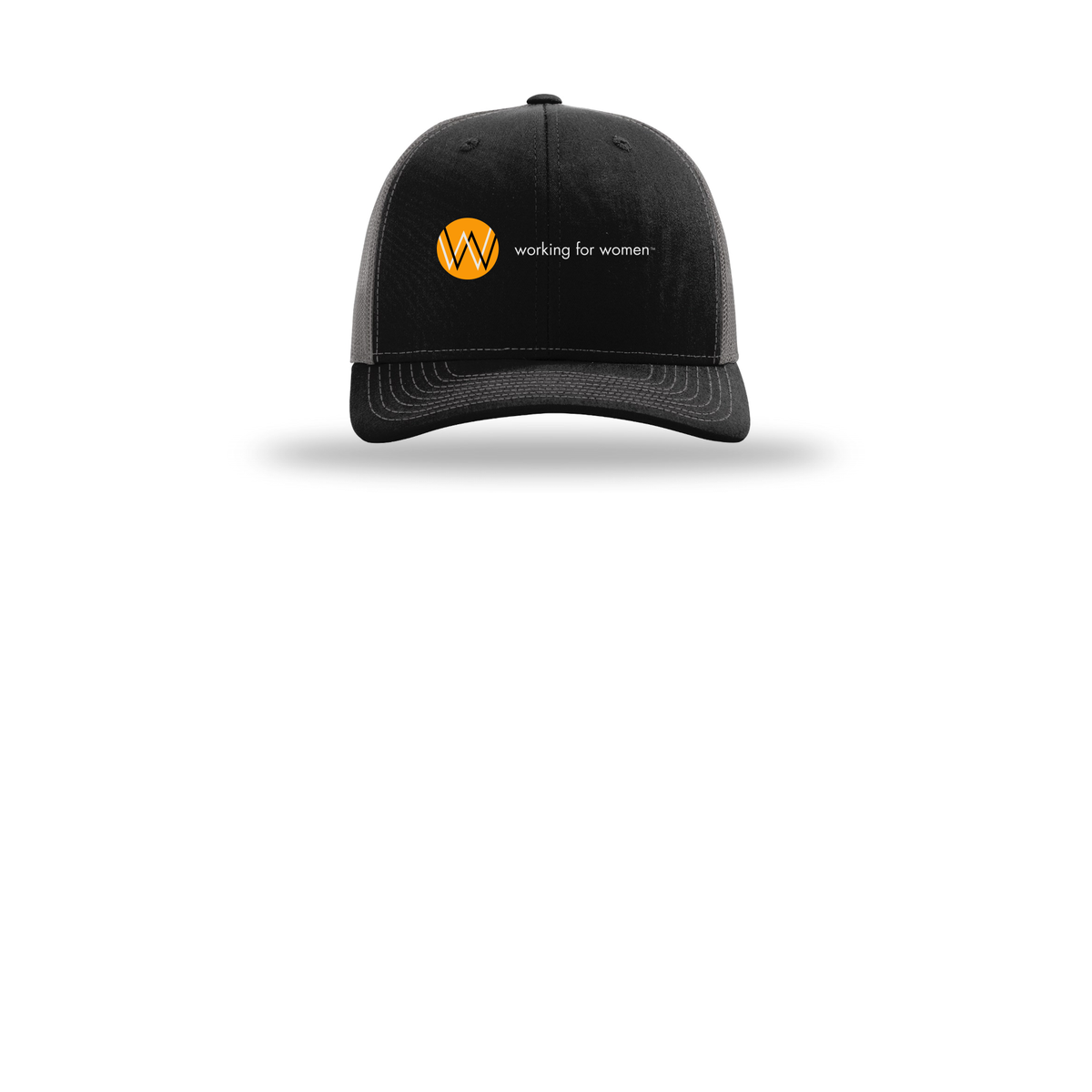 workingforwomen-richardson-trucker-cap-embroidery-capfront-R112-blackcharcoal-flat-front