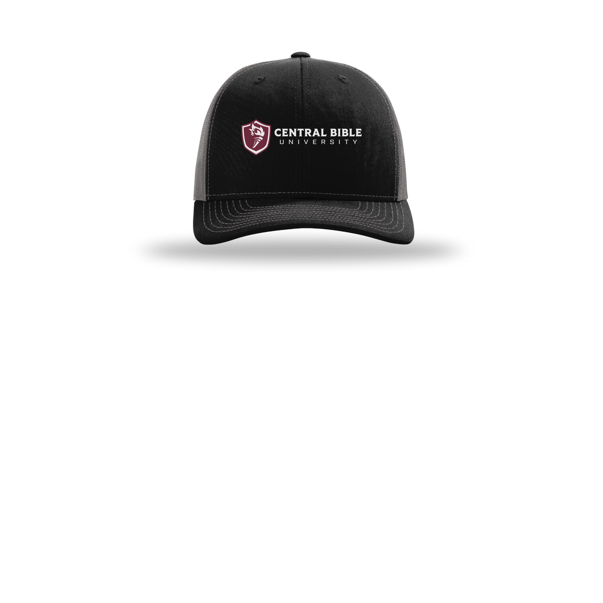centralbible-richardson-trucker-cap-embroidery-capfront-R112-blackcharcoal-flat-front