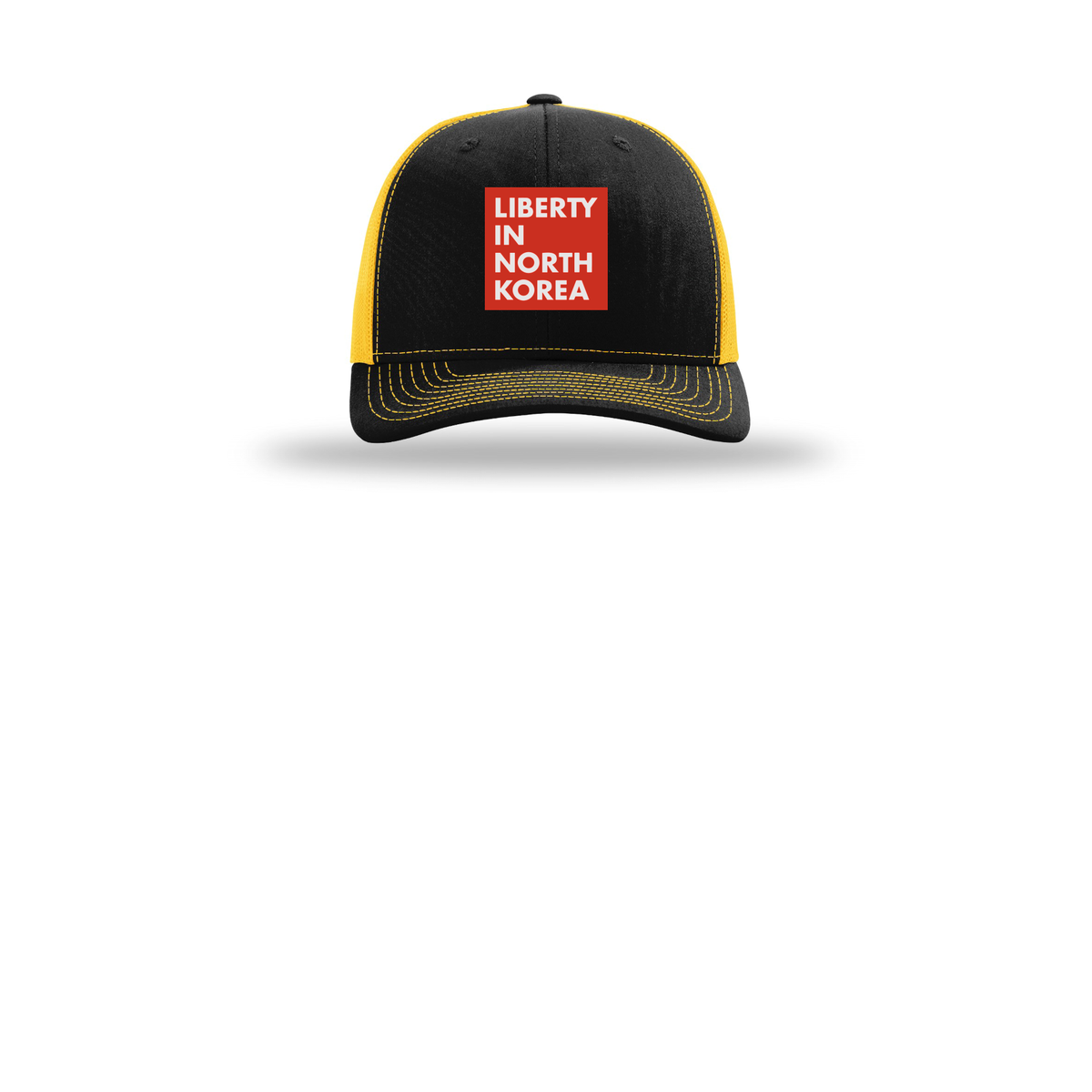 libertyinnorthkorea-richardson-trucker-cap-embroidery-capfront-R112-blackgold-flat-front