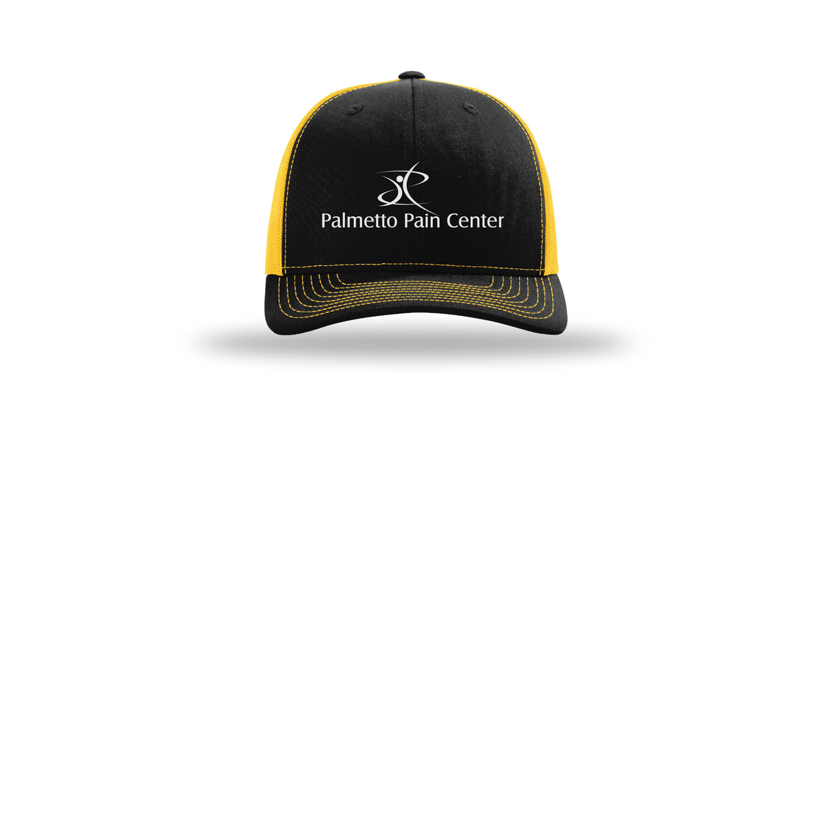 palmetto-pain-center-richardson-trucker-cap-embroidery-capfront-R112-blackgold-flat-front