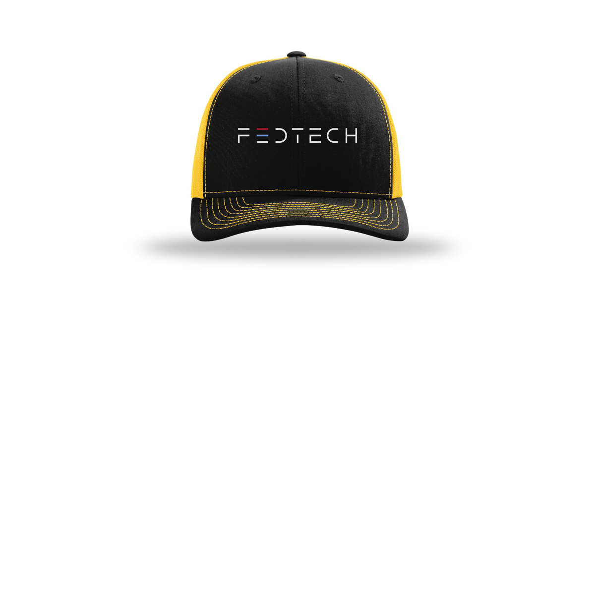 fedtech-richardson-trucker-cap-embroidery-capfront-R112-blackgold-flat-front
