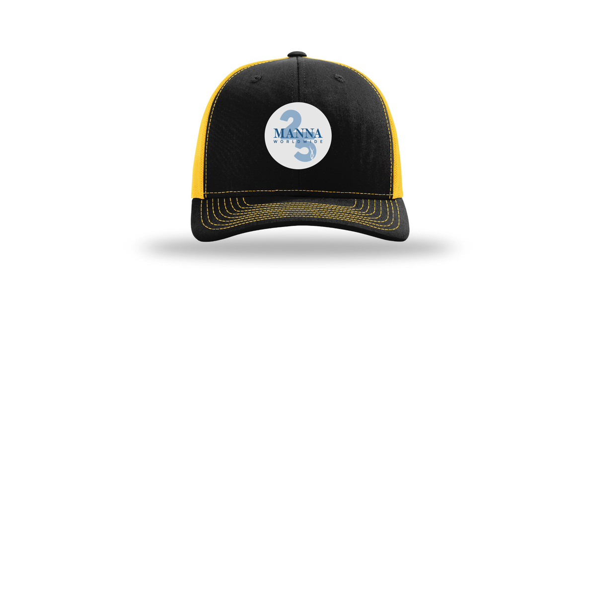 mannaworldwide-richardson-trucker-cap-embroidery-capfront-R112-blackgold-flat-front