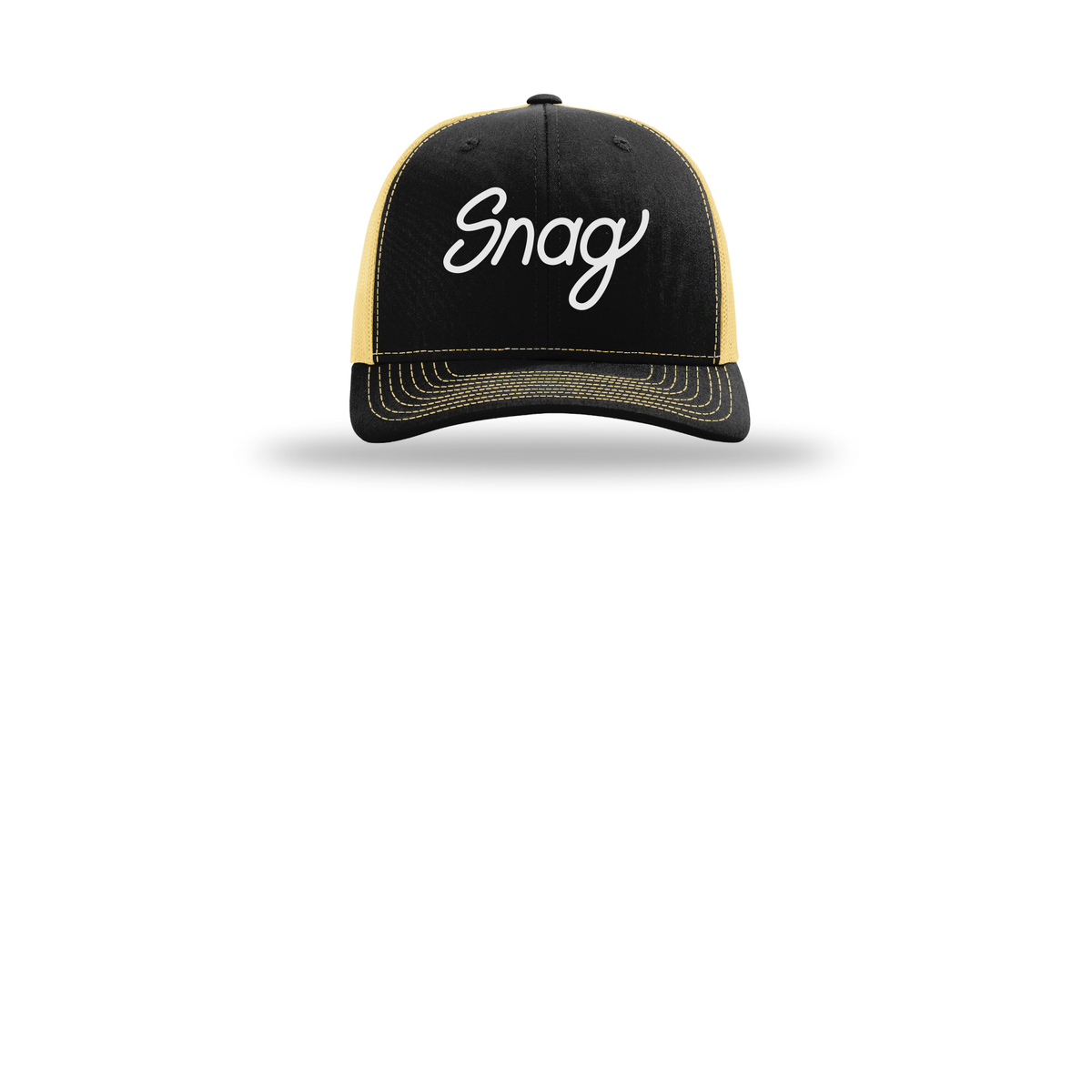 snagdelivery-richardson-trucker-cap-embroidery-capfront-R112-blackvegasgold-flat-front
