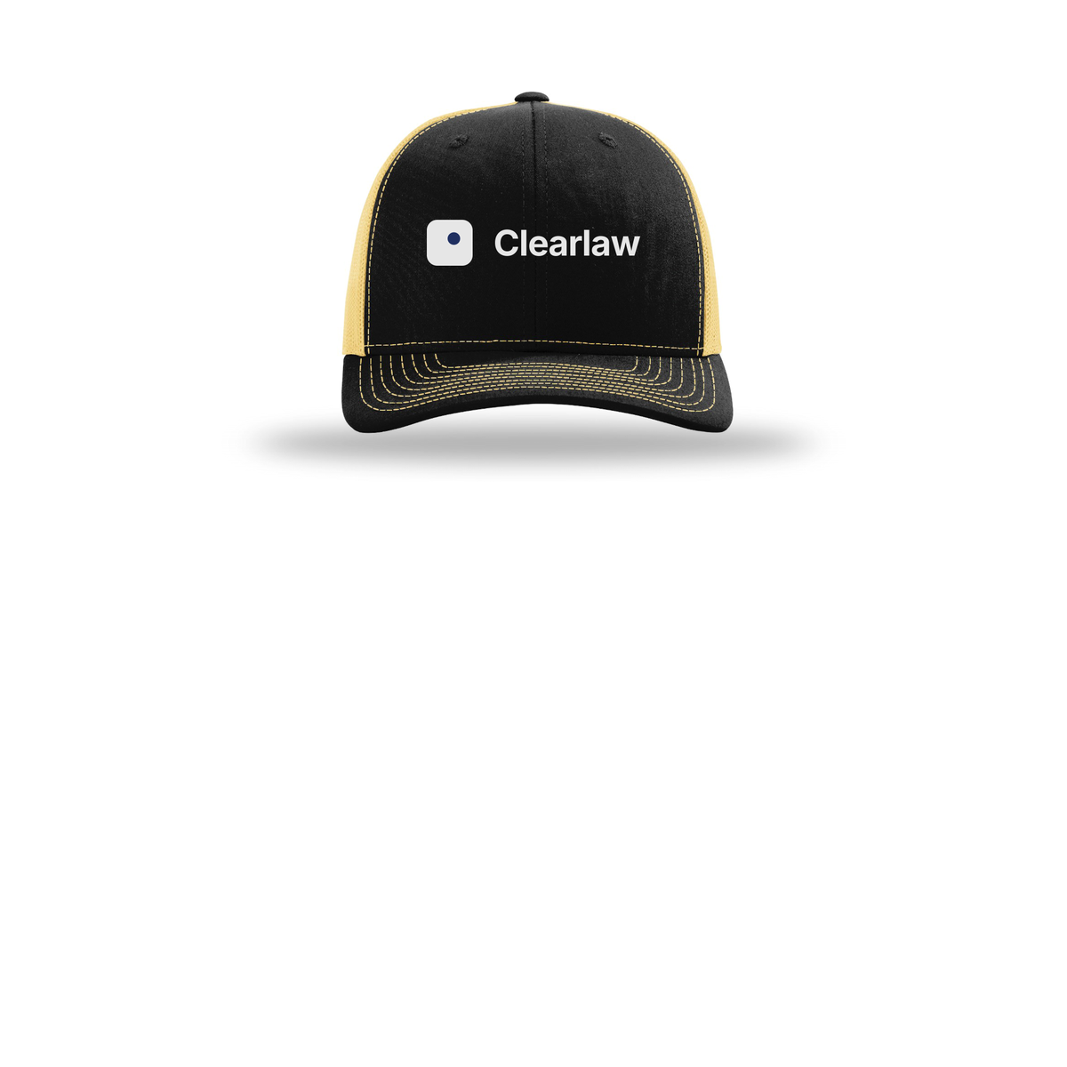 clearlaw-richardson-trucker-cap-embroidery-capfront-R112-blackvegasgold-flat-front