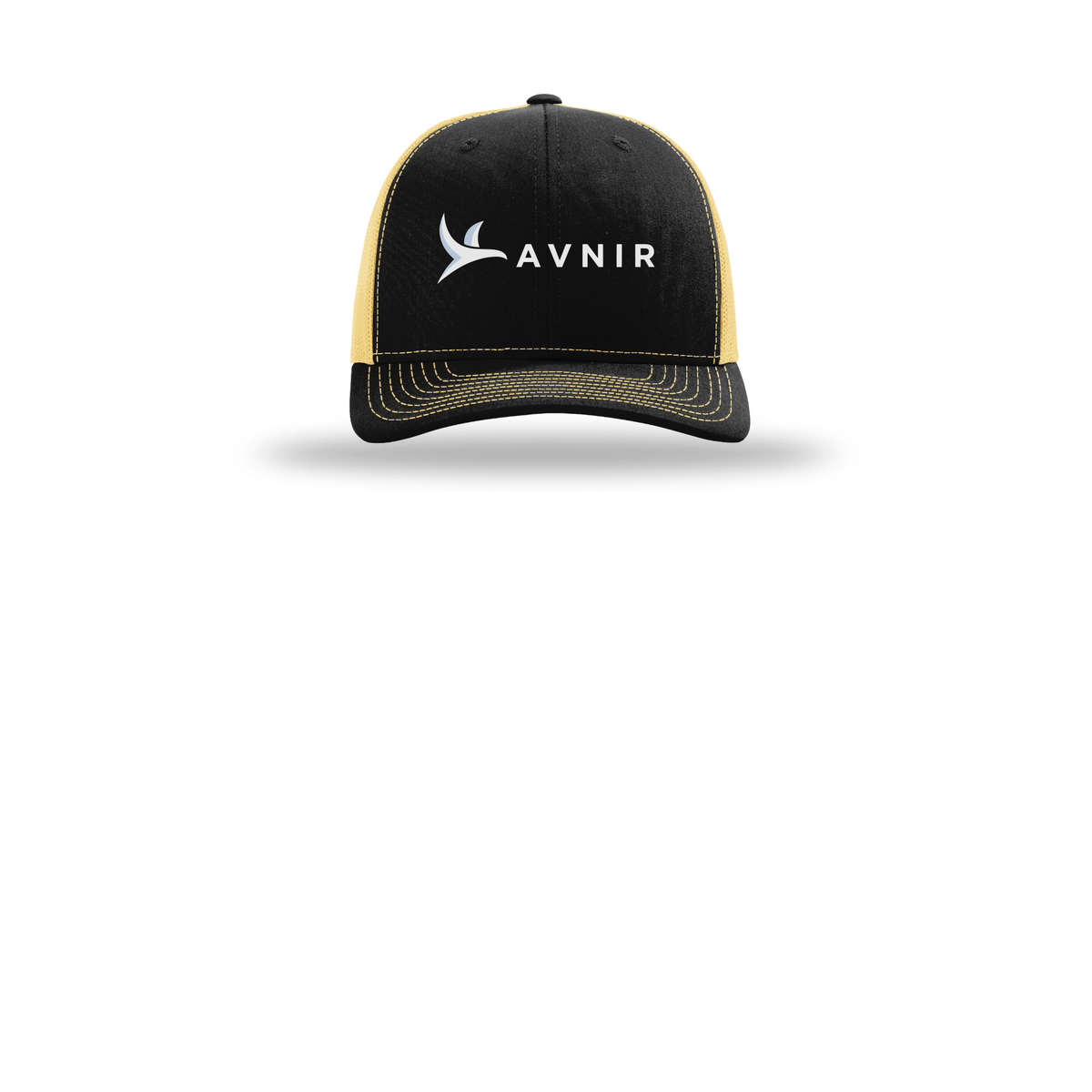 avnir-richardson-trucker-cap-embroidery-capfront-R112-blackvegasgold-flat-front