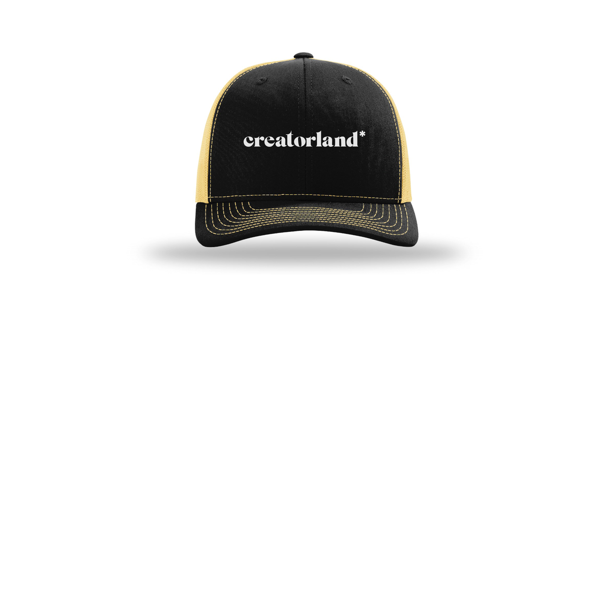 creatorland-richardson-trucker-cap-embroidery-capfront-R112-blackvegasgold-flat-front