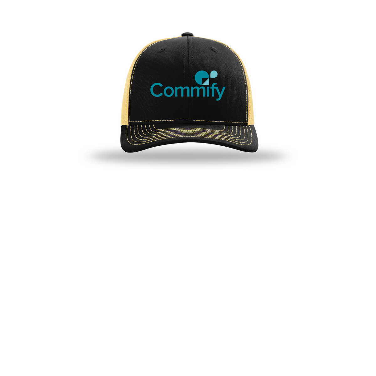 commify-richardson-trucker-cap-embroidery-capfront-R112-blackvegasgold-flat-front