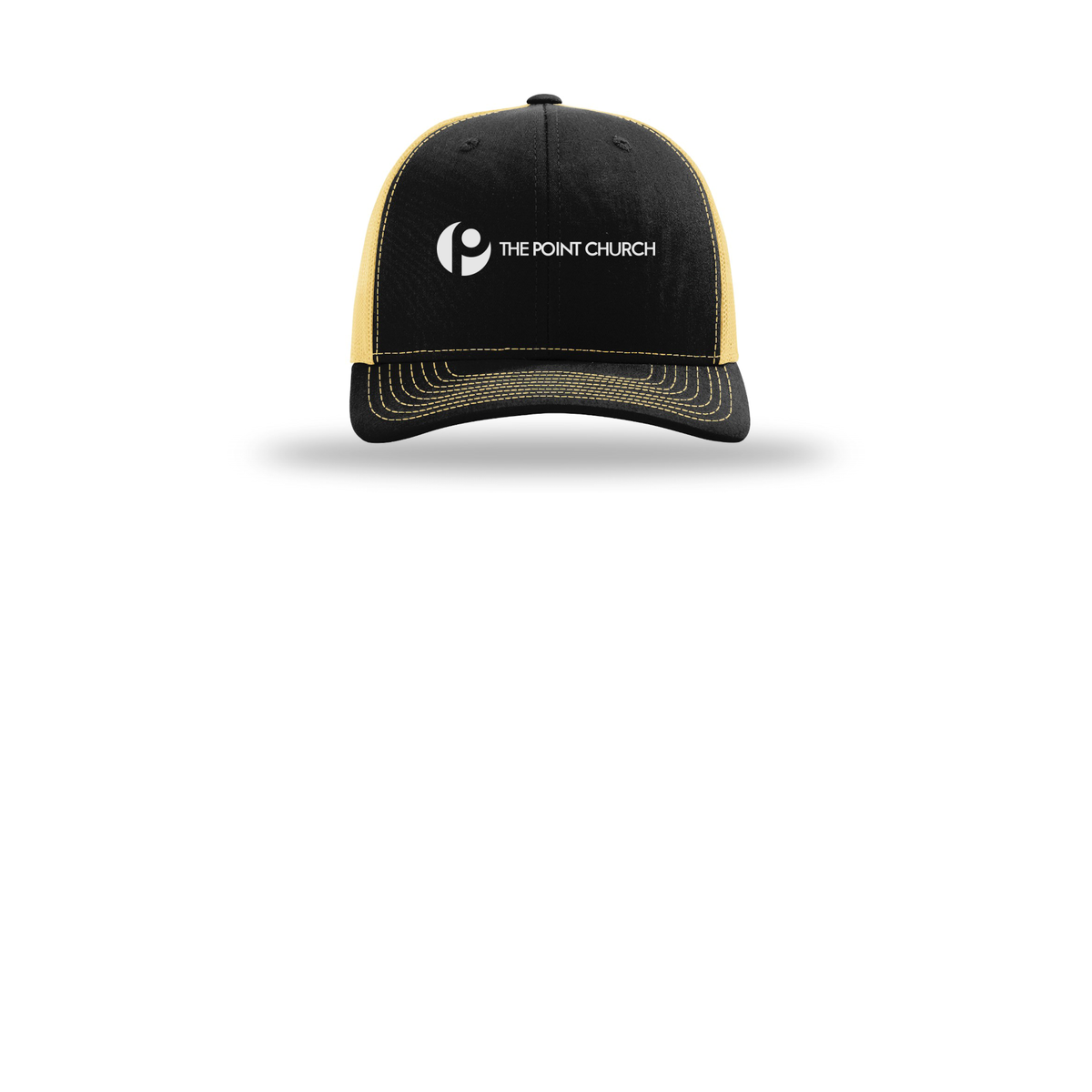 thepointva-richardson-trucker-cap-embroidery-capfront-R112-blackvegasgold-flat-front