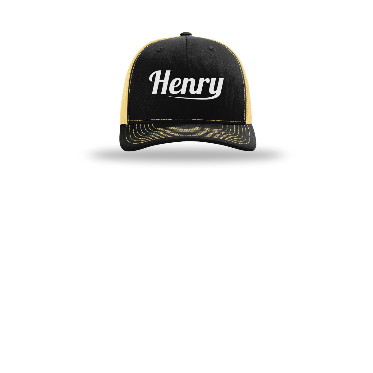 henrymeds-richardson-trucker-cap-embroidery-capfront-R112-blackvegasgold-flat-front