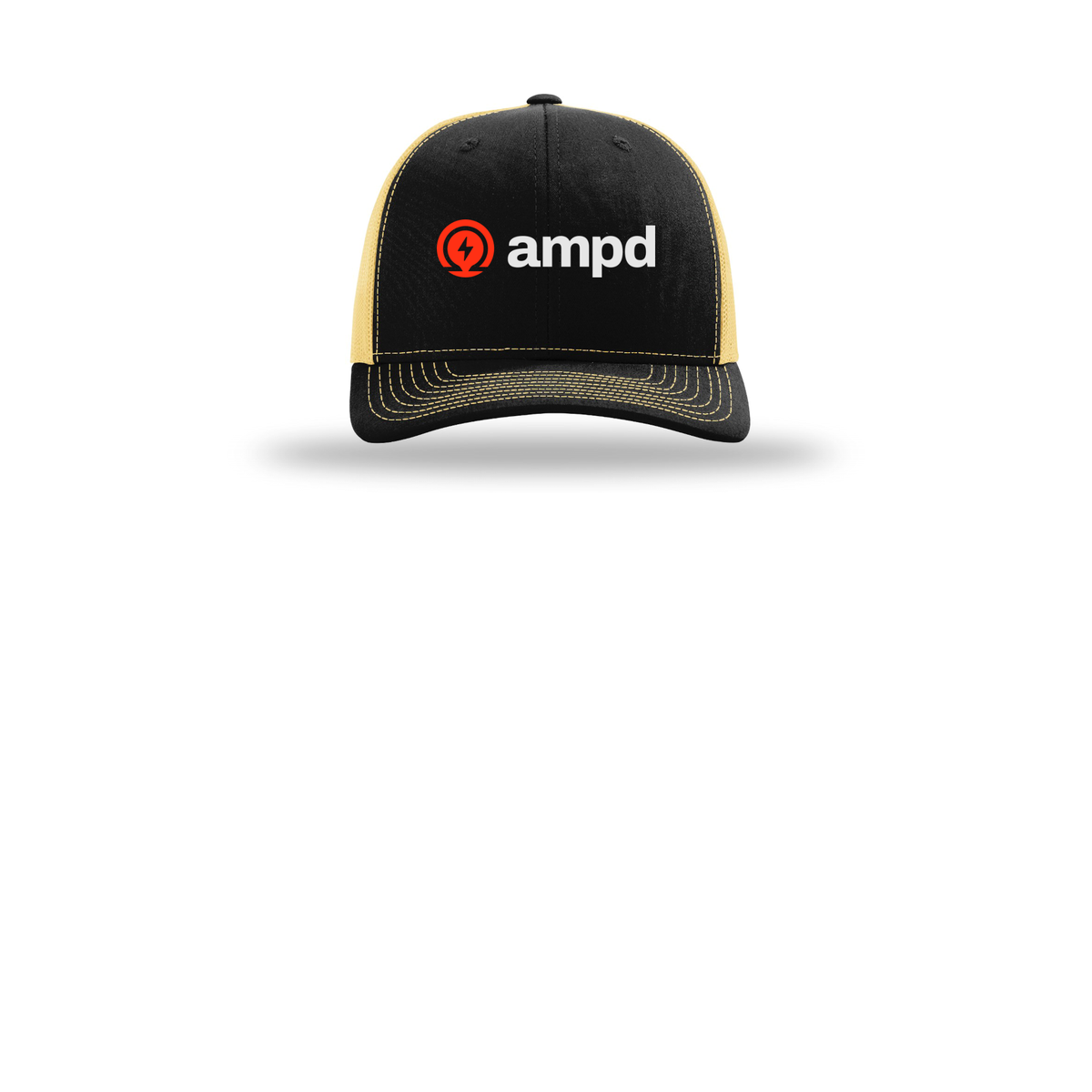 ampd-richardson-trucker-cap-embroidery-capfront-R112-blackvegasgold-flat-front