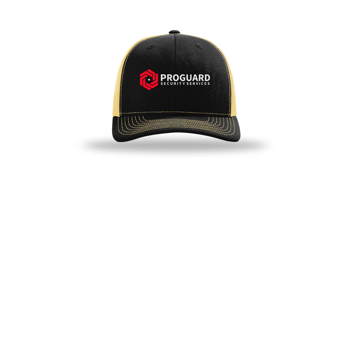 proguardsecurityservices-richardson-trucker-cap-embroidery-capfront-R112-blackvegasgold-flat-front