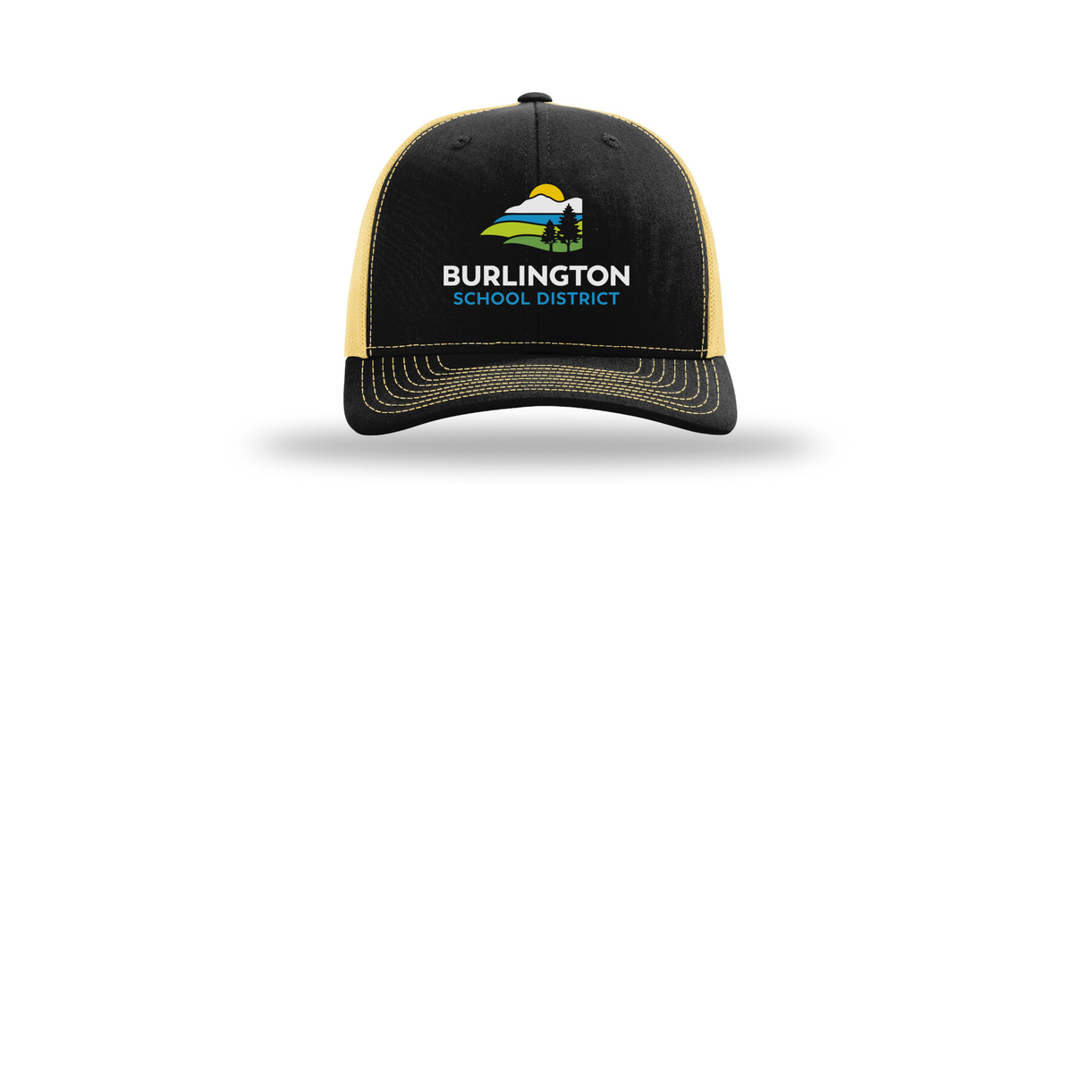 bsdvt-richardson-trucker-cap-embroidery-capfront-R112-blackvegasgold-flat-front
