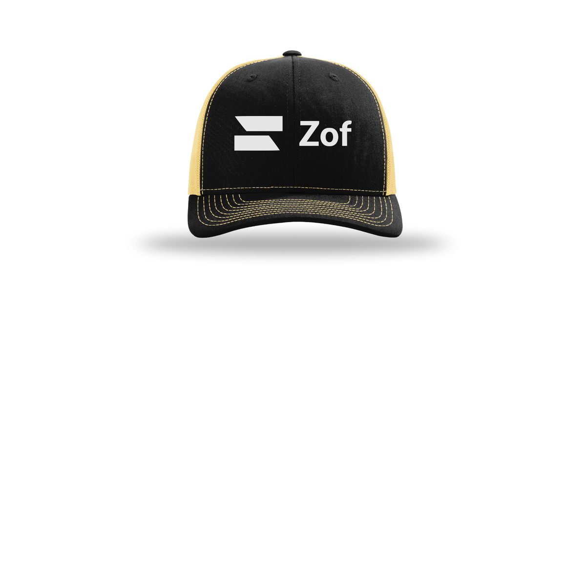 zof-richardson-trucker-cap-embroidery-capfront-R112-blackvegasgold-flat-front