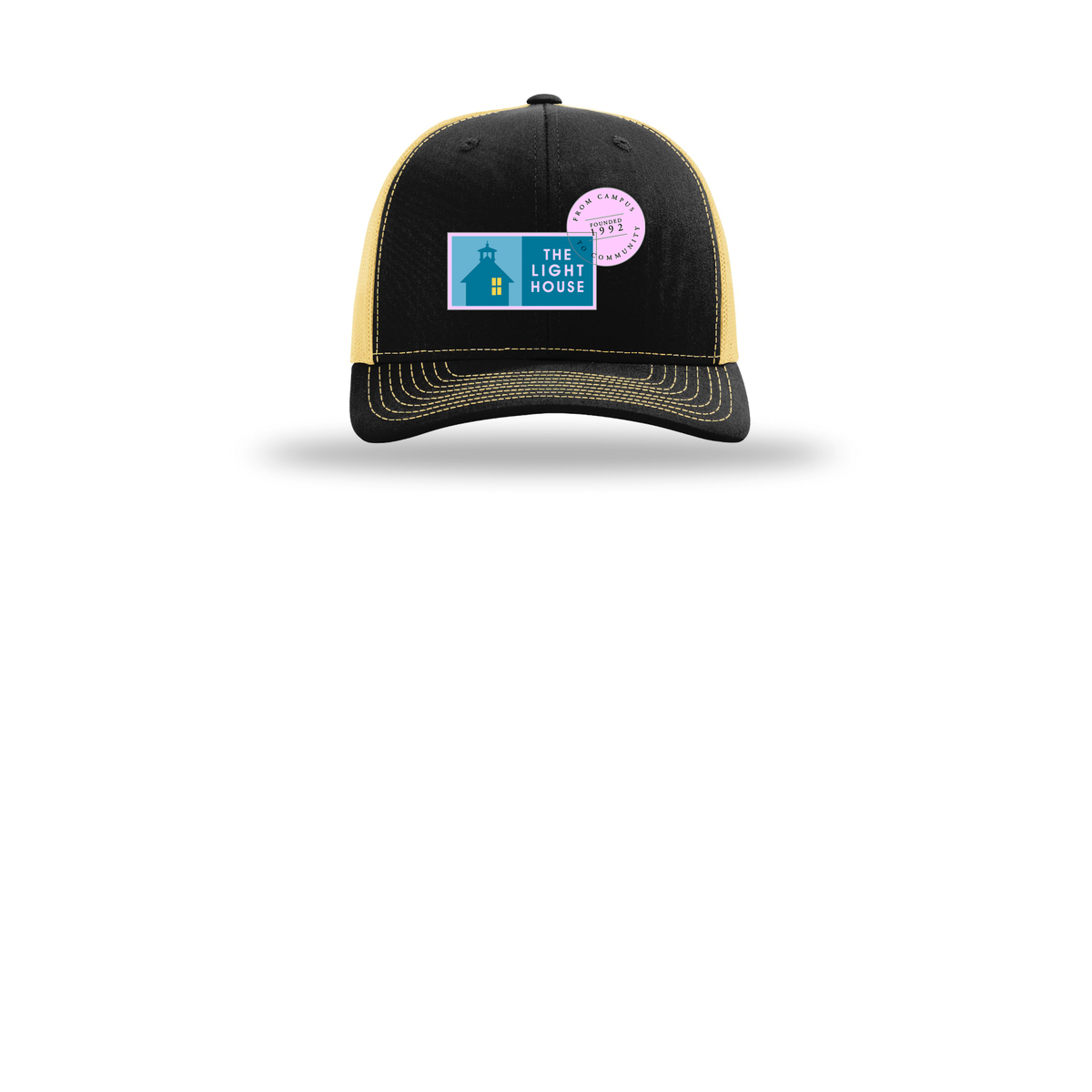 lhcampus-richardson-trucker-cap-embroidery-capfront-R112-blackvegasgold-flat-front
