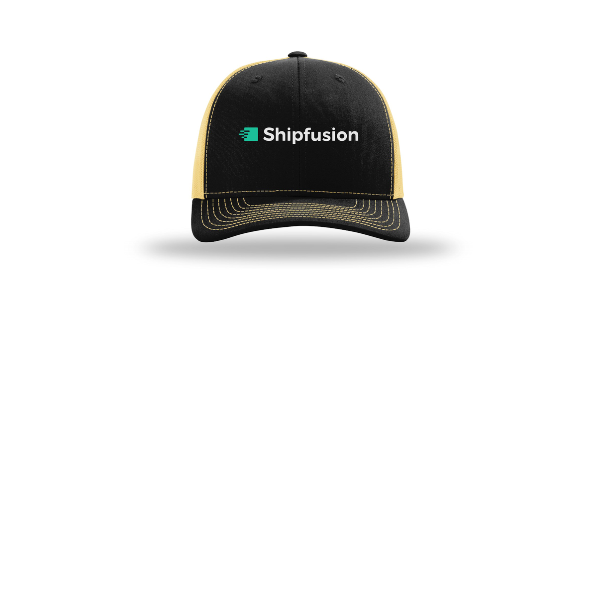shipfusion-richardson-trucker-cap-embroidery-capfront-R112-blackvegasgold-flat-front