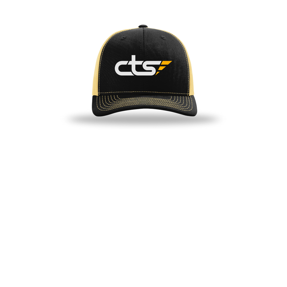 cts1-richardson-trucker-cap-embroidery-capfront-R112-blackvegasgold-flat-front