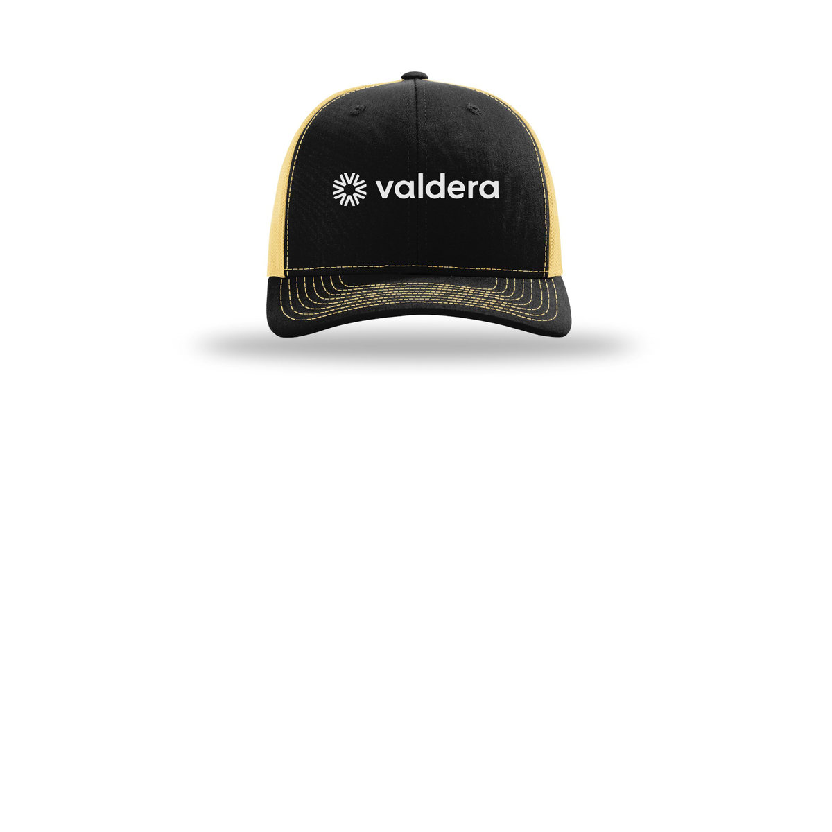 valdera-richardson-trucker-cap-embroidery-capfront-R112-blackvegasgold-flat-front
