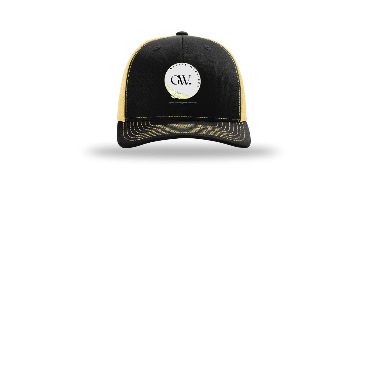 gentle-warriors-richardson-trucker-cap-embroidery-capfront-R112-blackvegasgold-flat-front