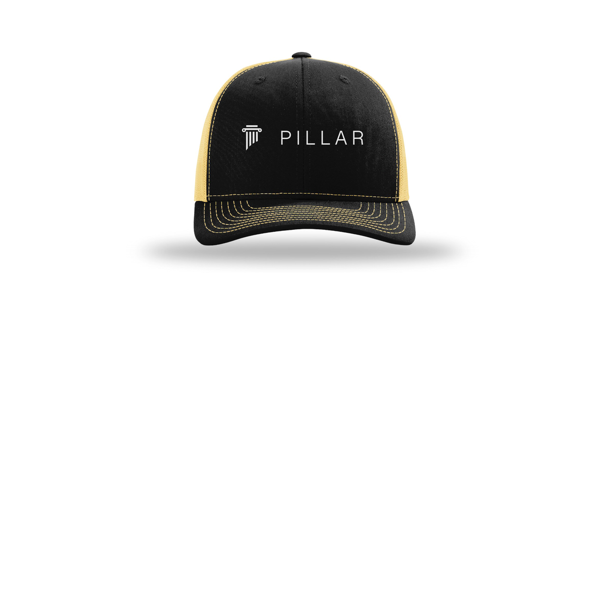 pillar-richardson-trucker-cap-embroidery-capfront-R112-blackvegasgold-flat-front