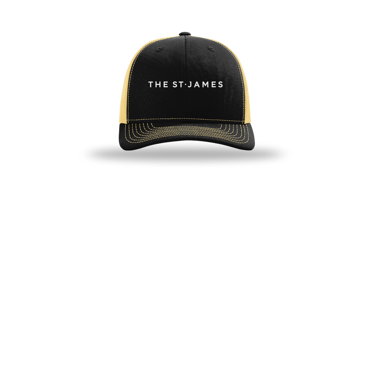 thestjames-richardson-trucker-cap-embroidery-capfront-R112-blackvegasgold-flat-front