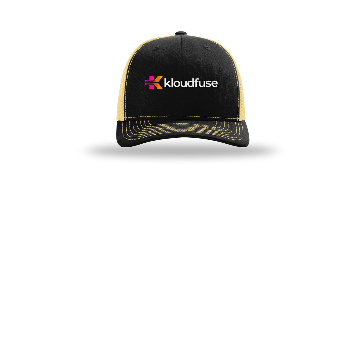 kloudfuse-richardson-trucker-cap-embroidery-capfront-R112-blackvegasgold-flat-front