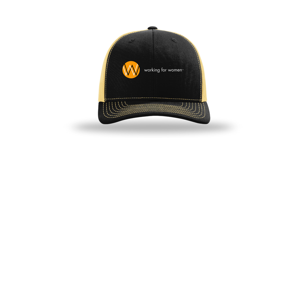 workingforwomen-richardson-trucker-cap-embroidery-capfront-R112-blackvegasgold-flat-front
