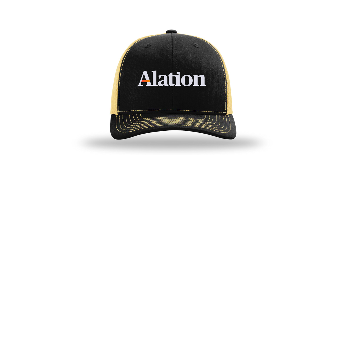 alation-richardson-trucker-cap-embroidery-capfront-R112-blackvegasgold-flat-front